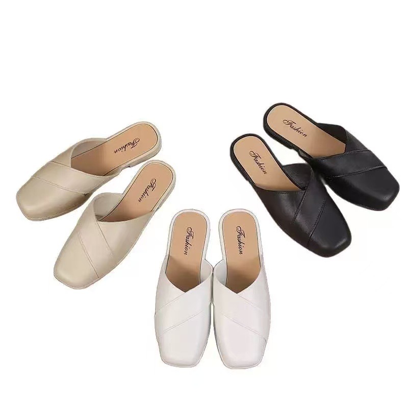 SS-49 스퀘어 헤드 클로즈드 헤드 뮬 슬리퍼 여성용 세련된 느긋한 프랑스 스타일